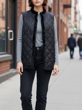 Chicos Black Quilted Layering Vest with Faux Fur Trim Size L